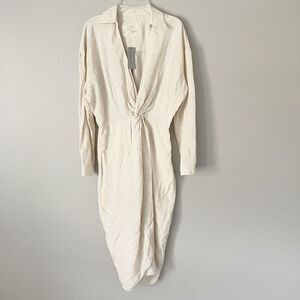 By Anthropologie Size 4P Petite Ivory Linen Blend Knot Front Midi Dress NEW NWT